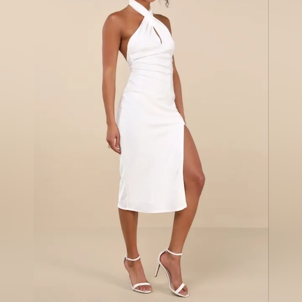 Lulus Beyond Classy White Satin Halter Midi Dress, XS
